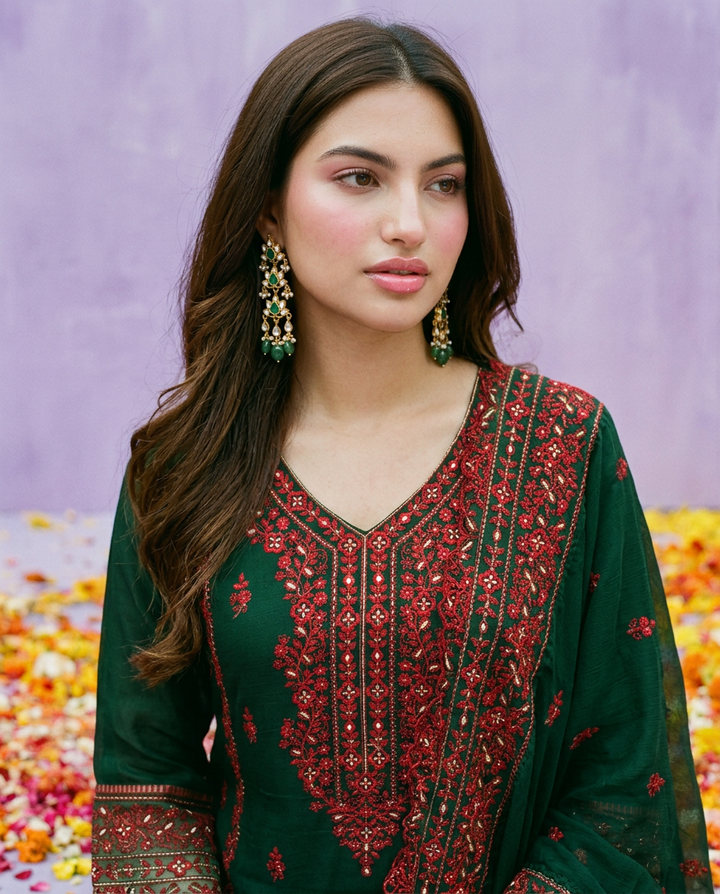 Green Embroidered Silk Blended Kurta Bottom Dupatta Set