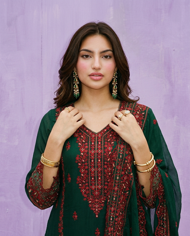 Green Embroidered Silk Blended Kurta Bottom Dupatta Set