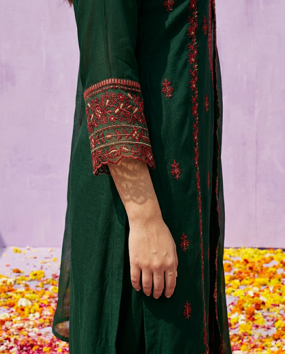 Green Embroidered Silk Blended Kurta Bottom Dupatta Set
