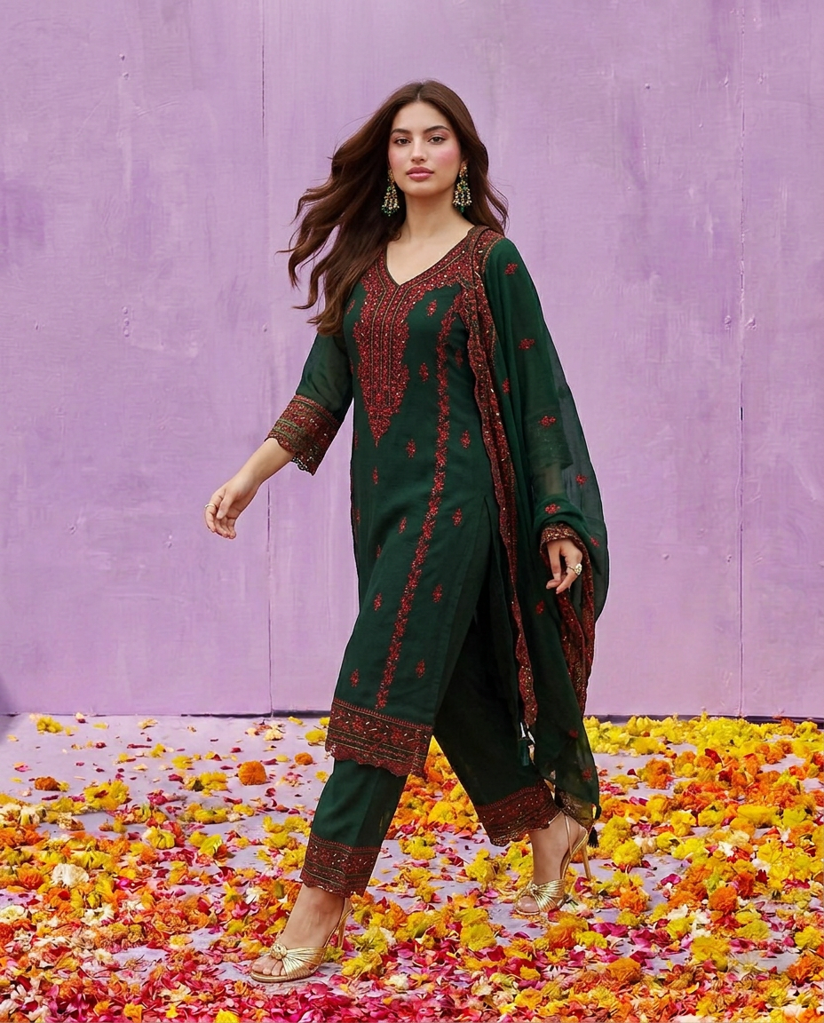 Green Embroidered Silk Blended Kurta Bottom Dupatta Set