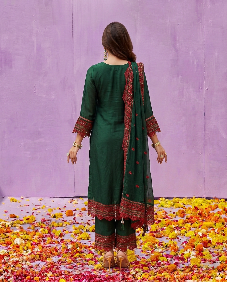 Green Embroidered Silk Blended Kurta Bottom Dupatta Set