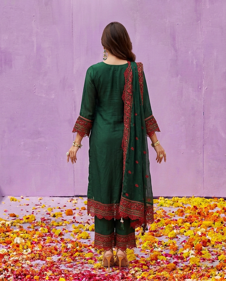 Green Embroidered Silk Blended Kurta Bottom Dupatta Set