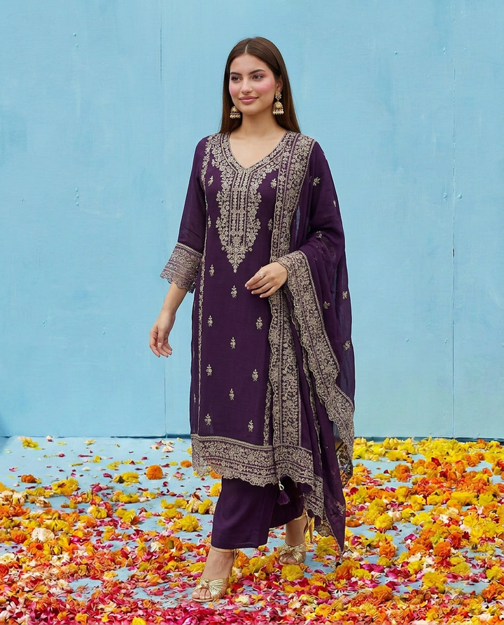 Purple Embroidered Silk Blended Kurta Bottom Dupatta Set