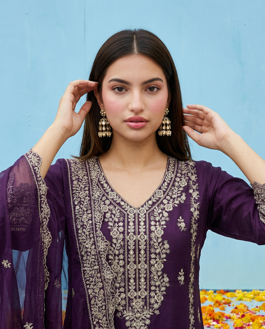 Purple Embroidered Silk Blended Kurta Bottom Dupatta Set
