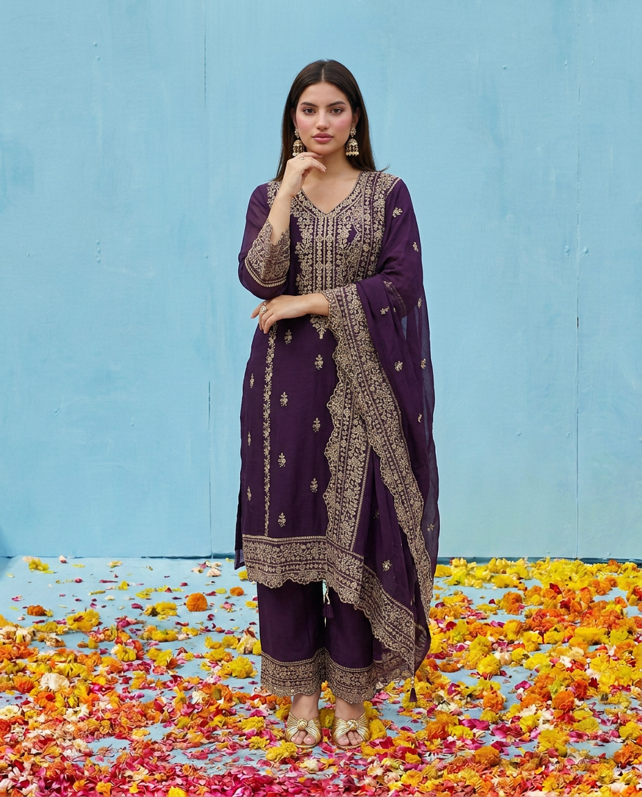 Purple Embroidered Silk Blended Kurta Bottom Dupatta Set