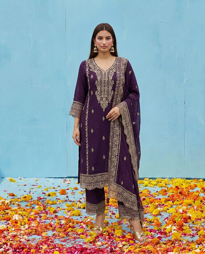 Purple Embroidered Silk Blended Kurta Bottom Dupatta Set