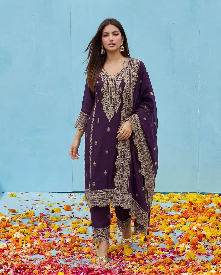 Purple Embroidered Silk Blended Kurta Bottom Dupatta Set