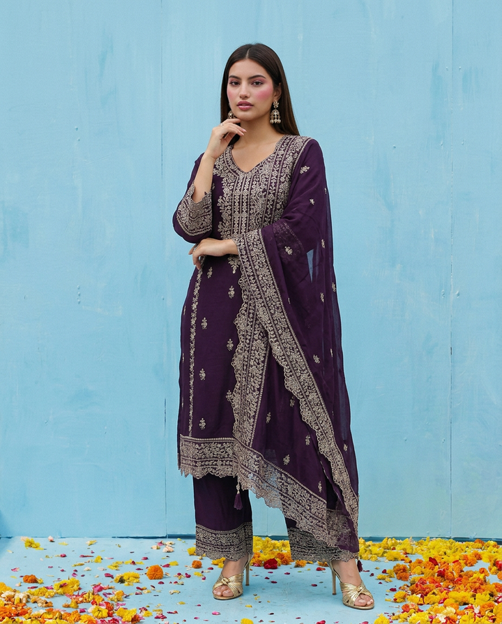 Purple Embroidered Silk Blended Kurta Bottom Dupatta Set