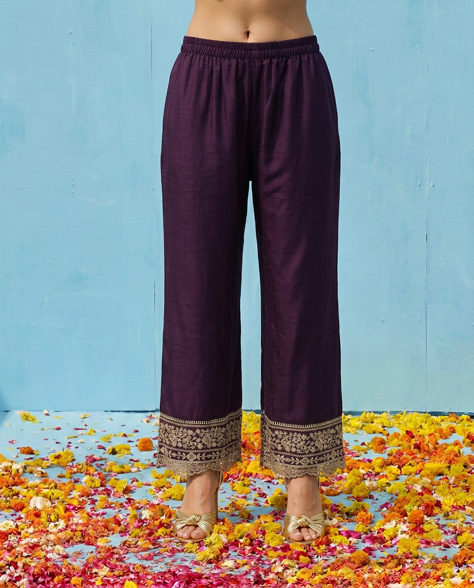 Purple Embroidered Silk Blended Kurta Bottom Dupatta Set