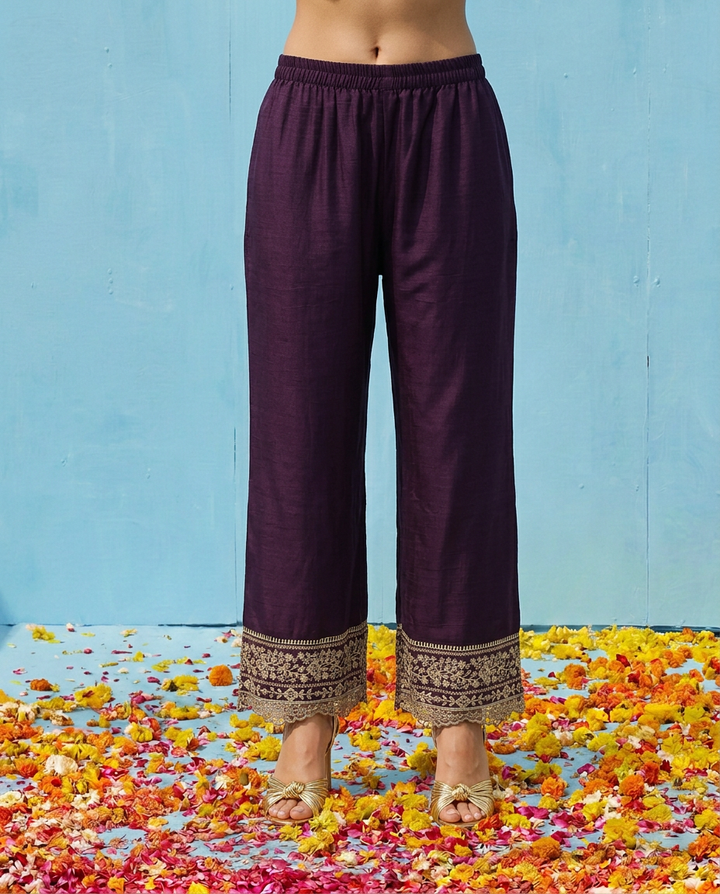 Purple Embroidered Silk Blended Kurta Bottom Dupatta Set