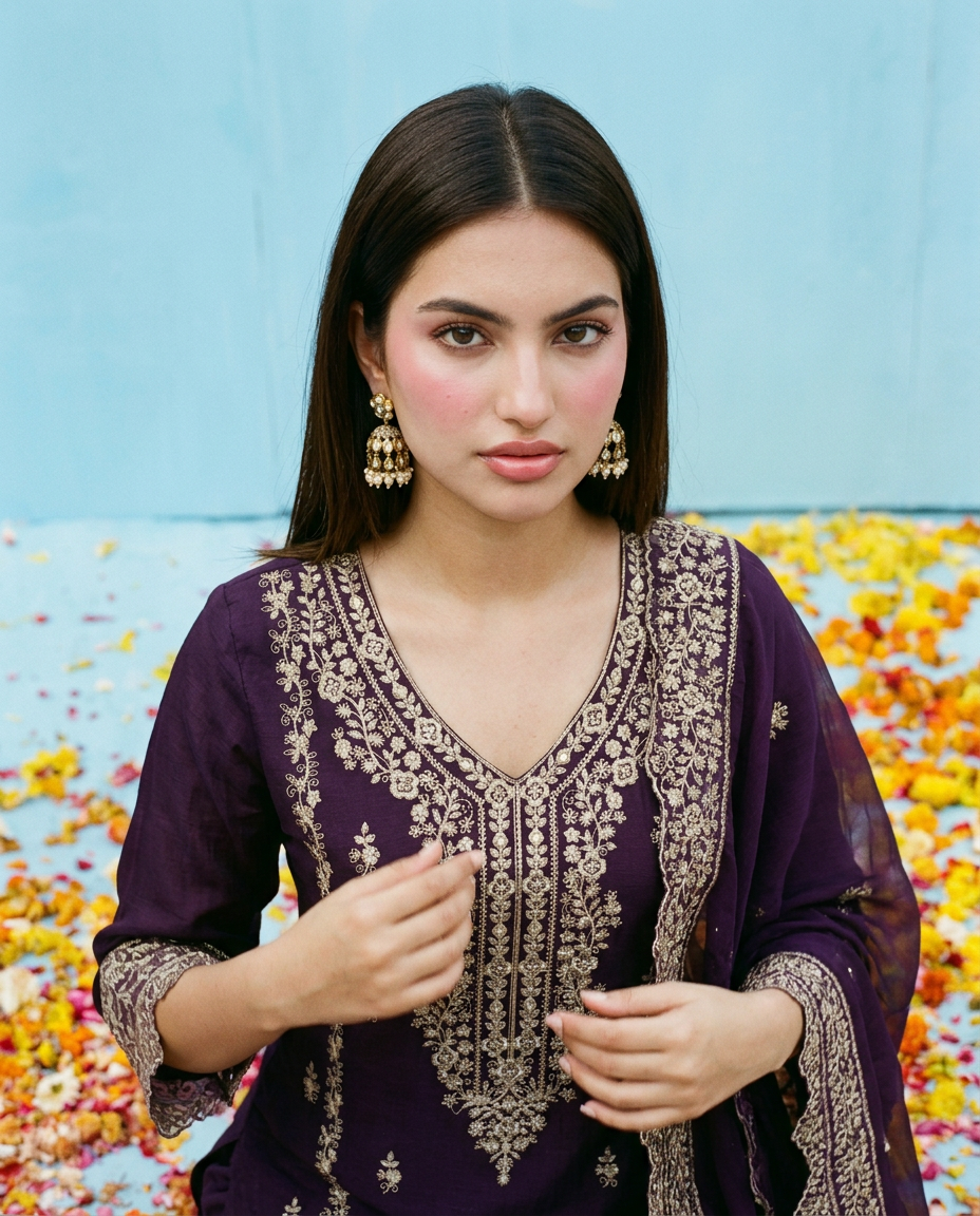 Purple Embroidered Silk Blended Kurta Bottom Dupatta Set