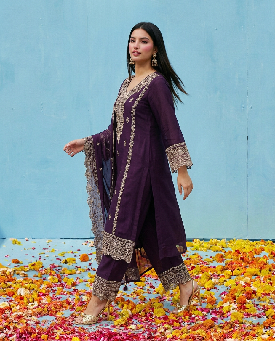 Purple Embroidered Silk Blended Kurta Bottom Dupatta Set
