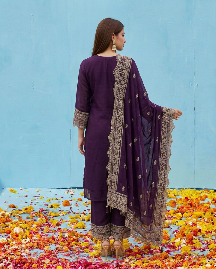 Purple Embroidered Silk Blended Kurta Bottom Dupatta Set