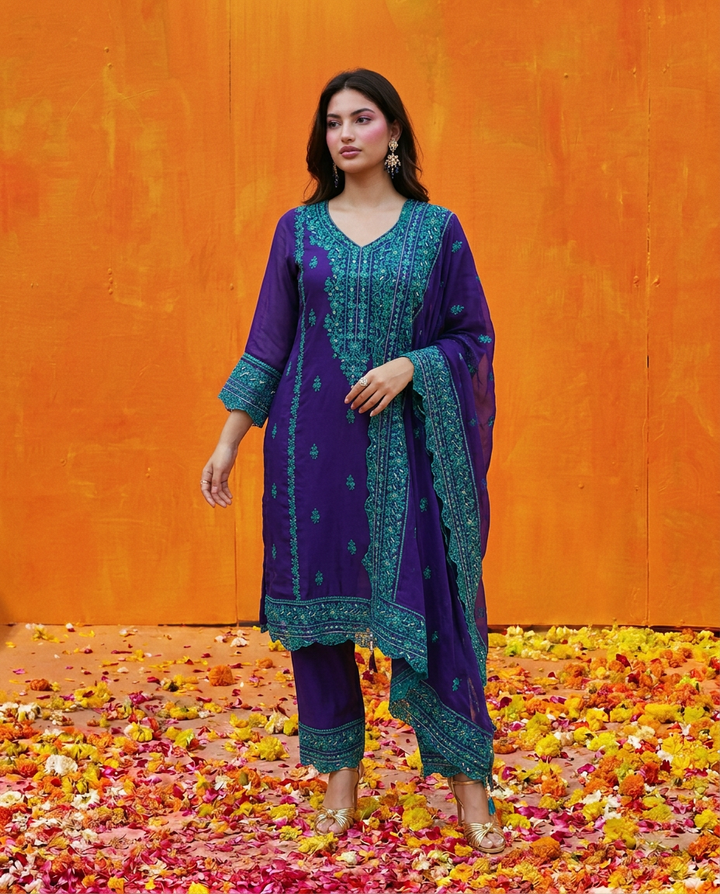 Royal Blue Embroidered Silk Blended Kurta Bottom Dupatta Set