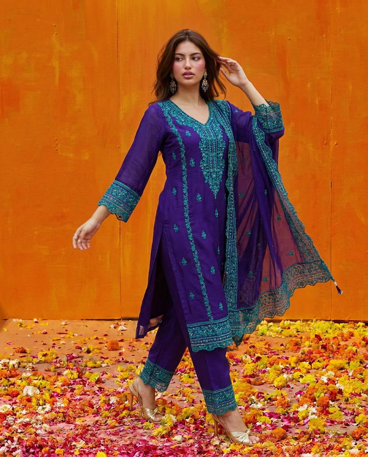 Royal Blue Embroidered Silk Blended Kurta Bottom Dupatta Set