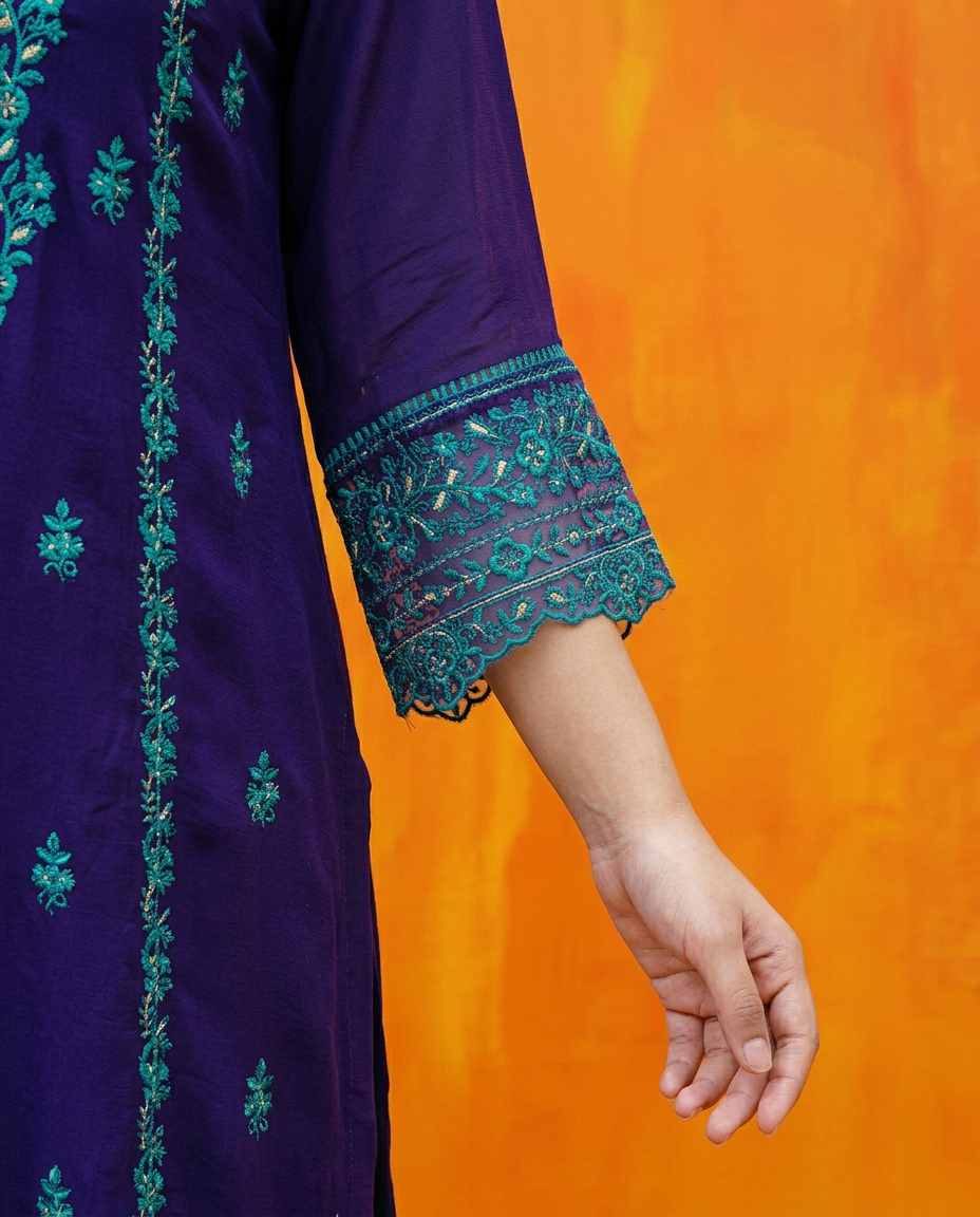 Royal Blue Embroidered Silk Blended Kurta Bottom Dupatta Set
