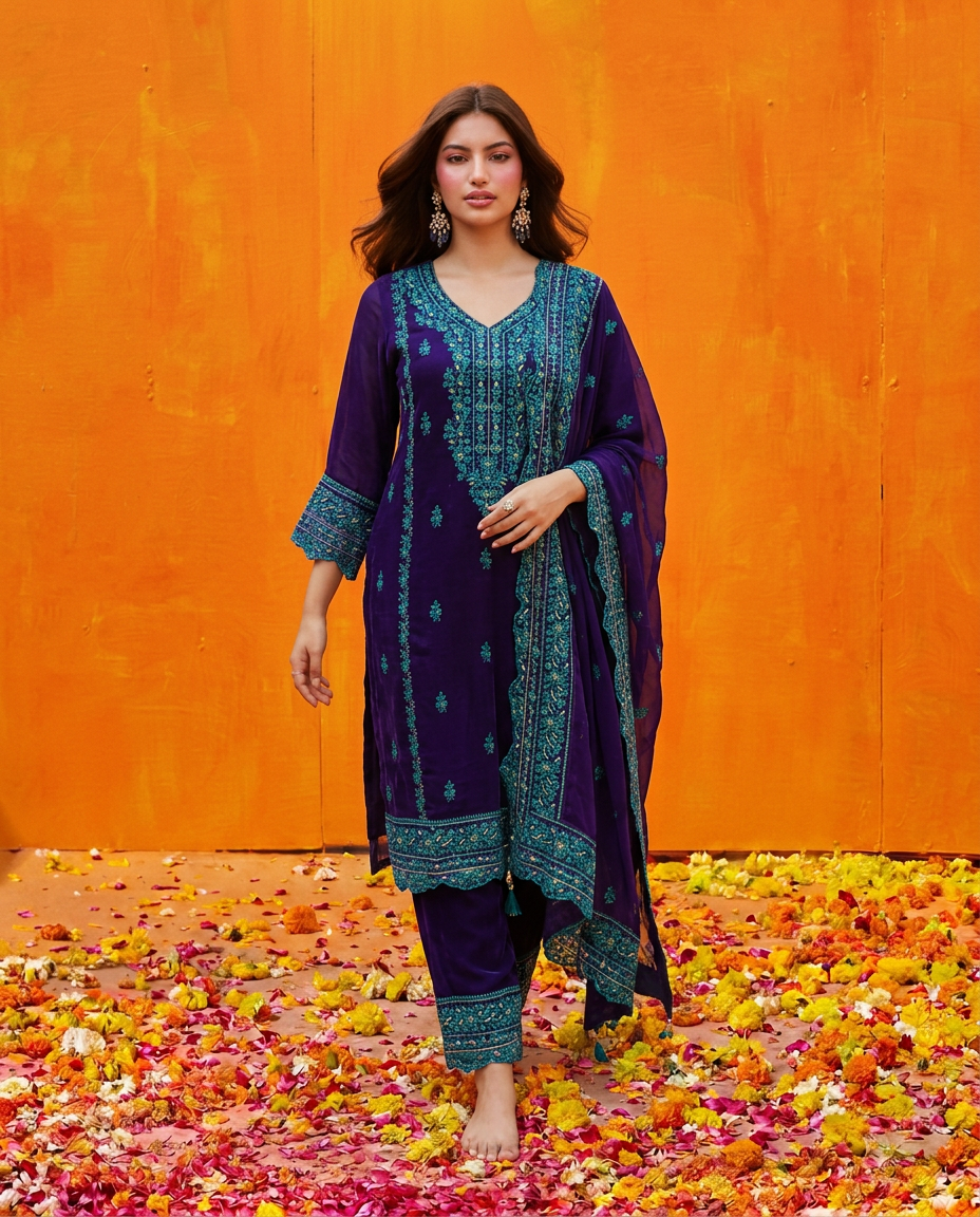 Royal Blue Embroidered Silk Blended Kurta Bottom Dupatta Set