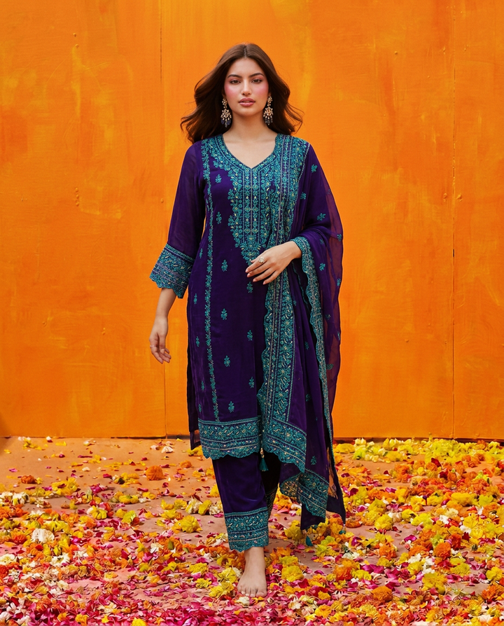 Royal Blue Embroidered Silk Blended Kurta Bottom Dupatta Set