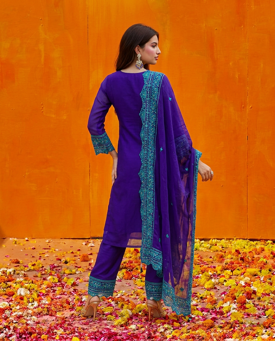 Royal Blue Embroidered Silk Blended Kurta Bottom Dupatta Set