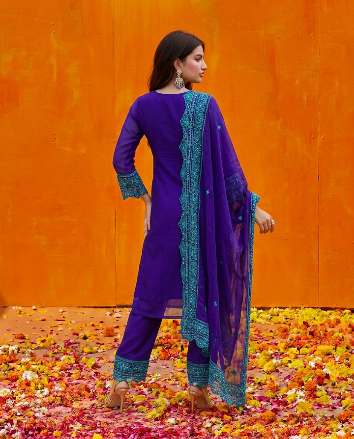Royal Blue Embroidered Silk Blended Kurta Bottom Dupatta Set