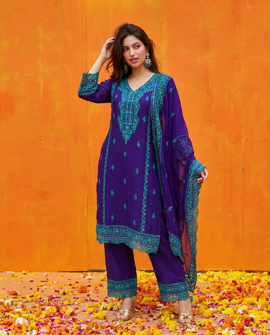 Royal Blue Embroidered Silk Blended Kurta Bottom Dupatta Set