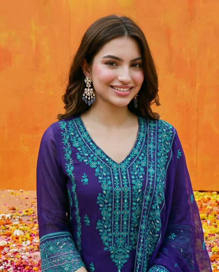 Royal Blue Embroidered Silk Blended Kurta Bottom Dupatta Set