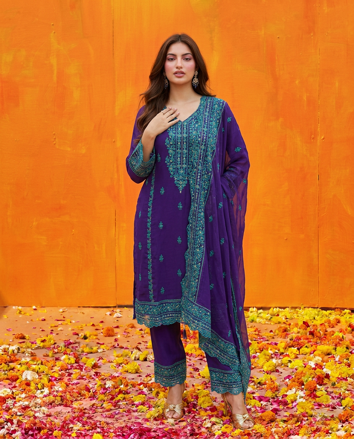 Royal Blue Embroidered Silk Blended Kurta Bottom Dupatta Set