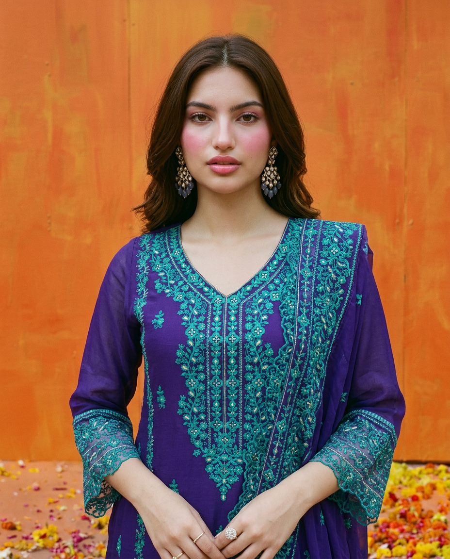 Royal Blue Embroidered Silk Blended Kurta Bottom Dupatta Set