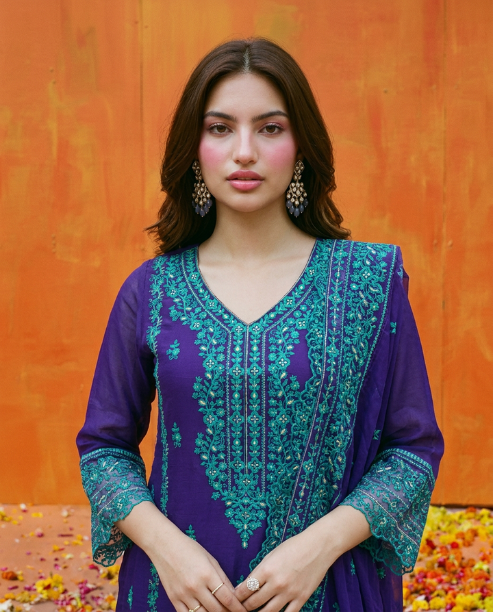 Royal Blue Embroidered Silk Blended Kurta Bottom Dupatta Set