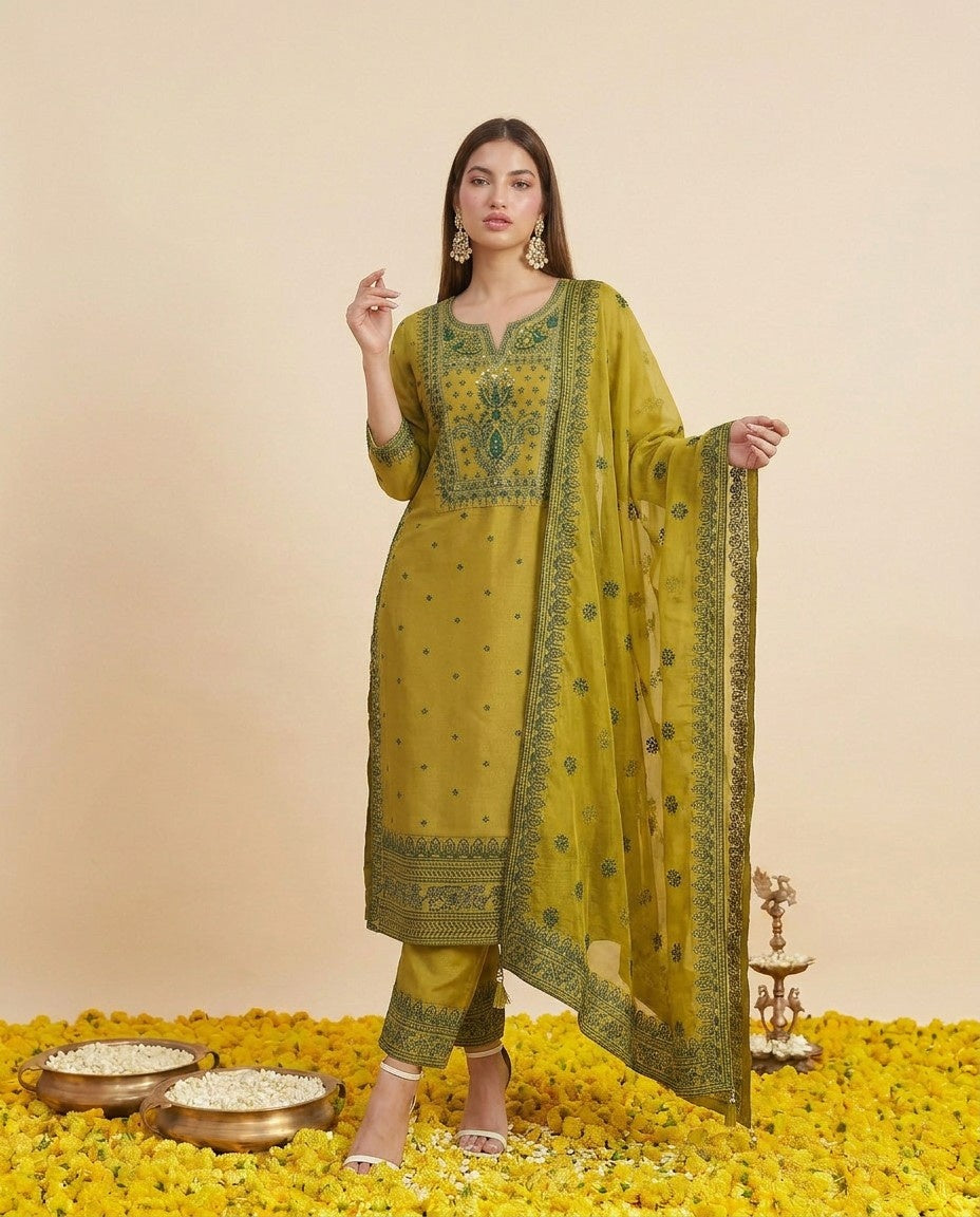 Green Embroidered Silk Blended Kurta Bottom Dupatta Set