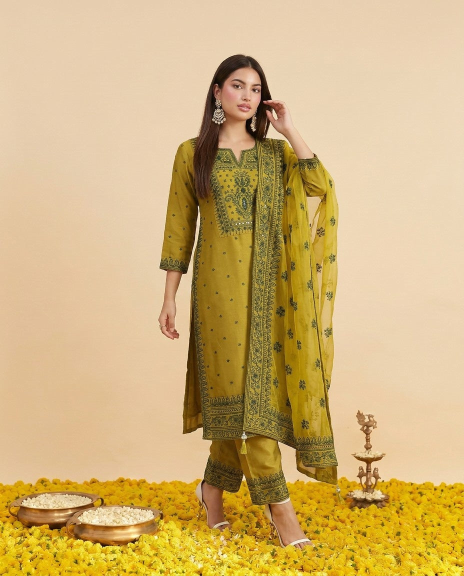 Green Embroidered Silk Blended Kurta Bottom Dupatta Set