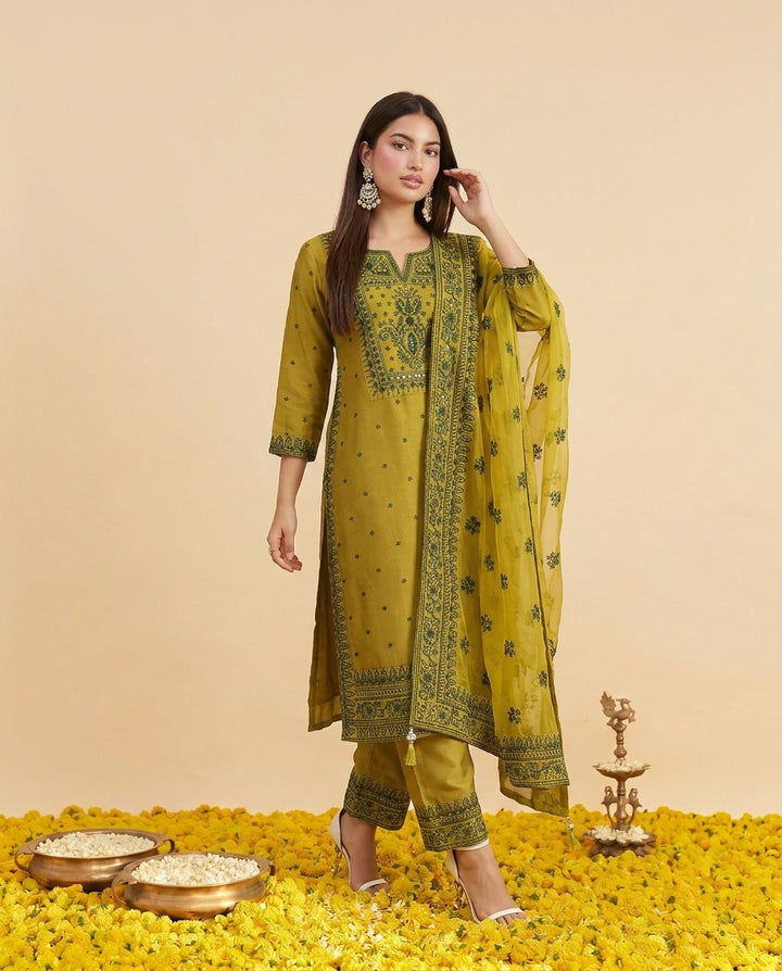 Green Embroidered Silk Blended Kurta Bottom Dupatta Set