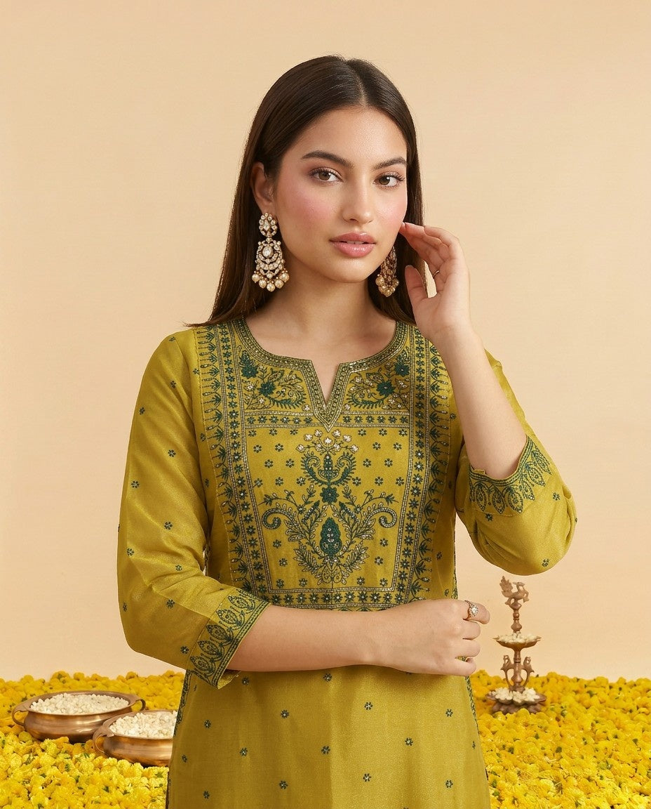 Green Embroidered Silk Blended Kurta Bottom Dupatta Set