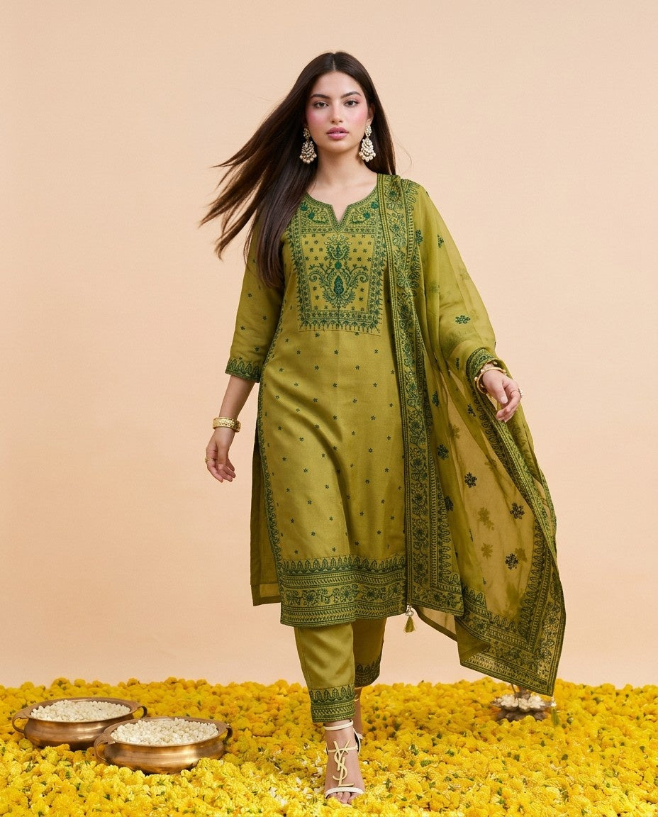 Green Embroidered Silk Blended Kurta Bottom Dupatta Set