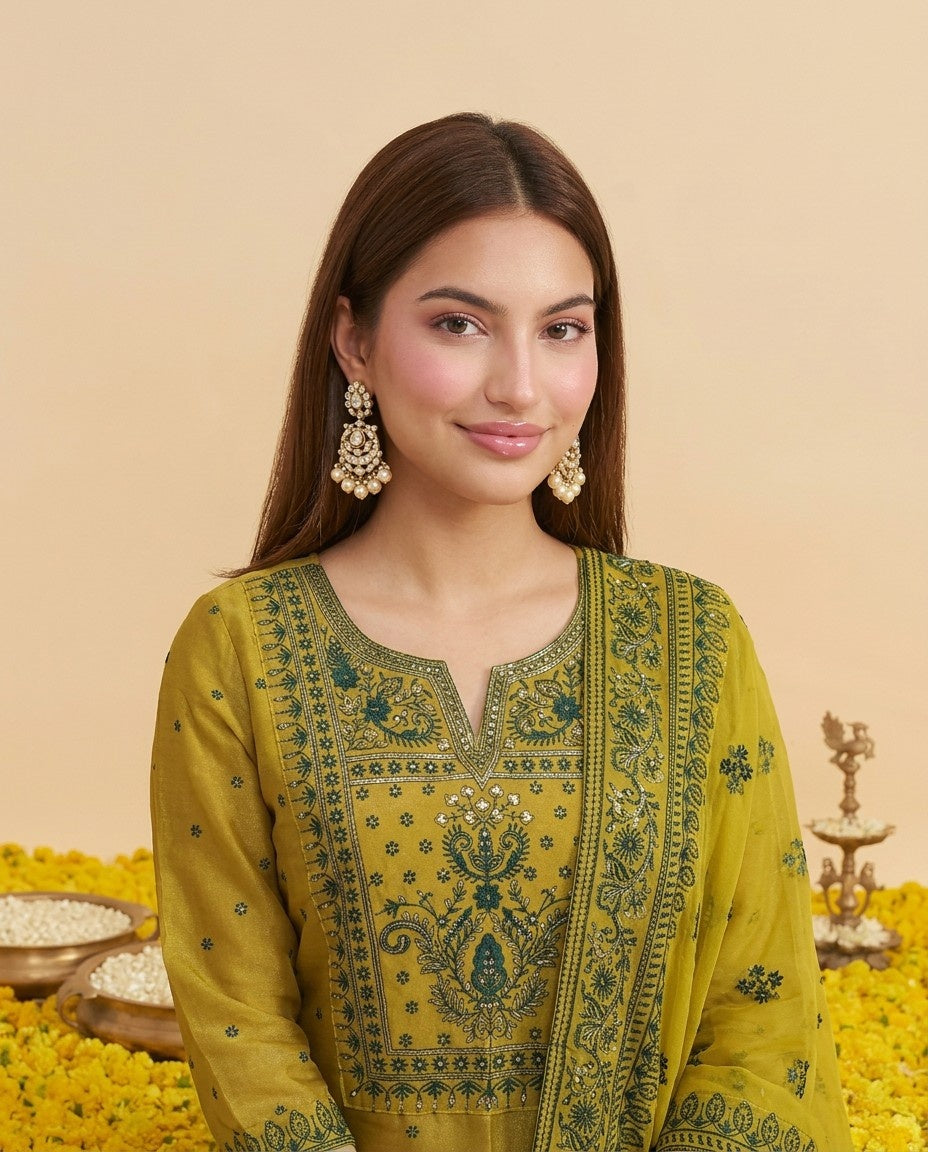 Green Embroidered Silk Blended Kurta Bottom Dupatta Set
