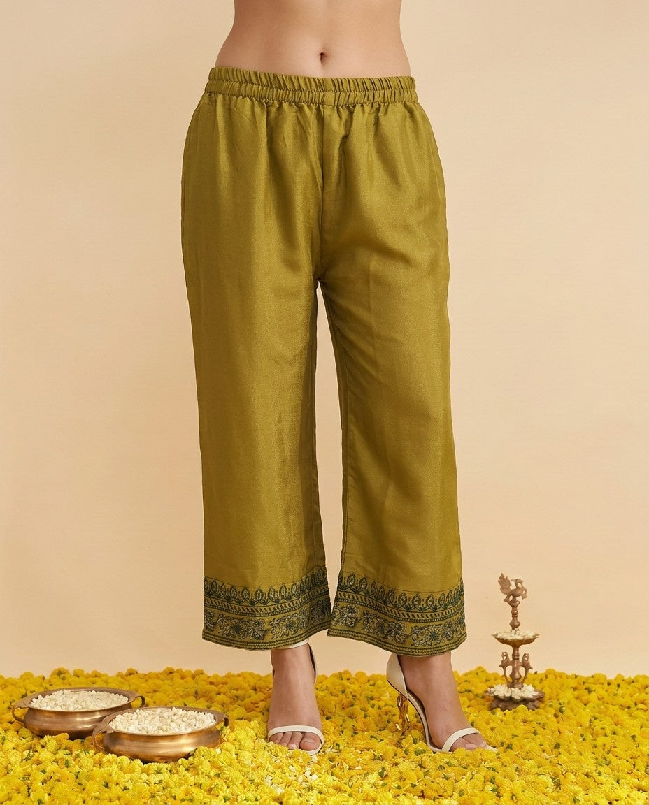 Green Embroidered Silk Blended Kurta Bottom Dupatta Set
