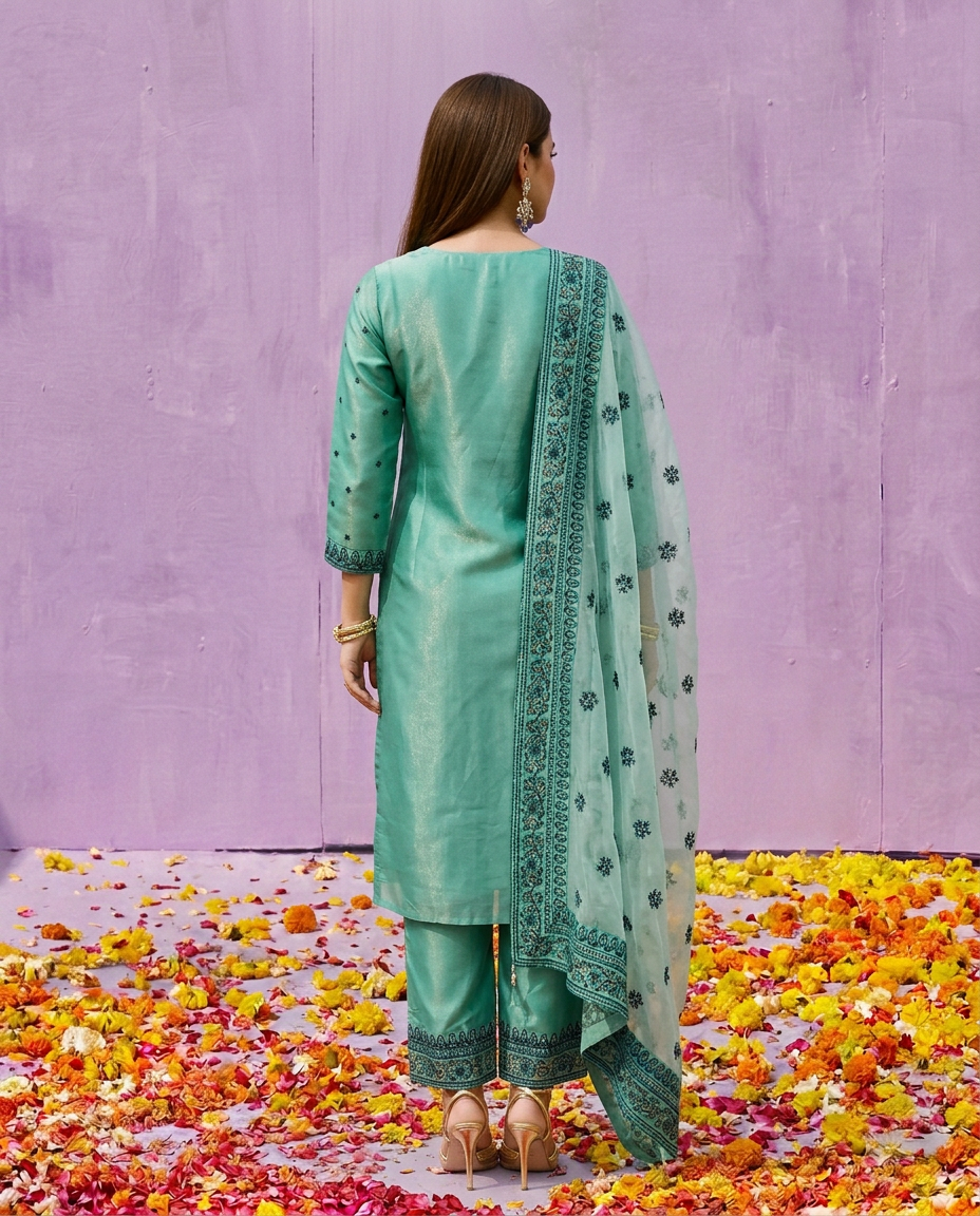 Blue Embroidered Silk Blended Kurta Bottom Dupatta Set