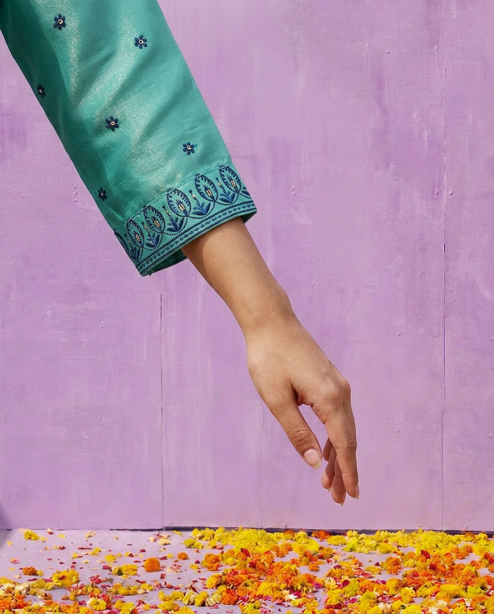 Blue Embroidered Silk Blended Kurta Bottom Dupatta Set