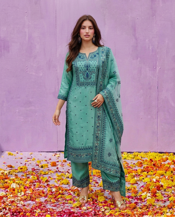 Blue Embroidered Silk Blended Kurta Bottom Dupatta Set
