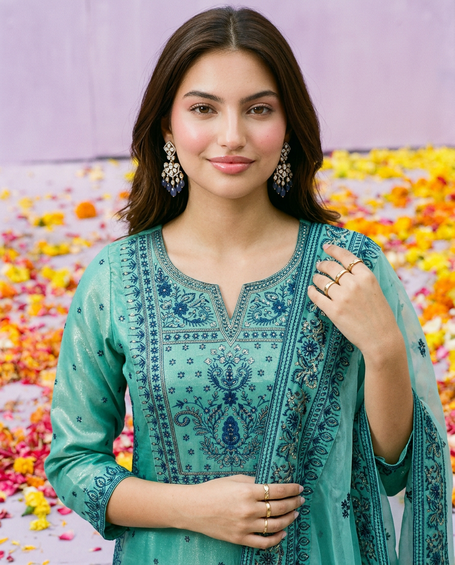 Blue Embroidered Silk Blended Kurta Bottom Dupatta Set