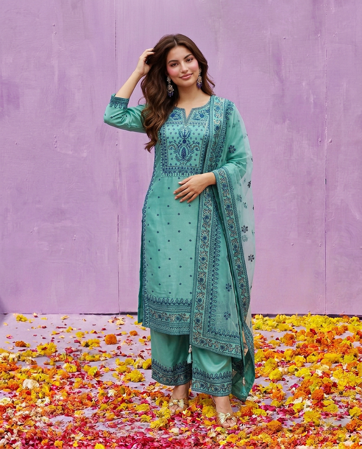 Blue Embroidered Silk Blended Kurta Bottom Dupatta Set