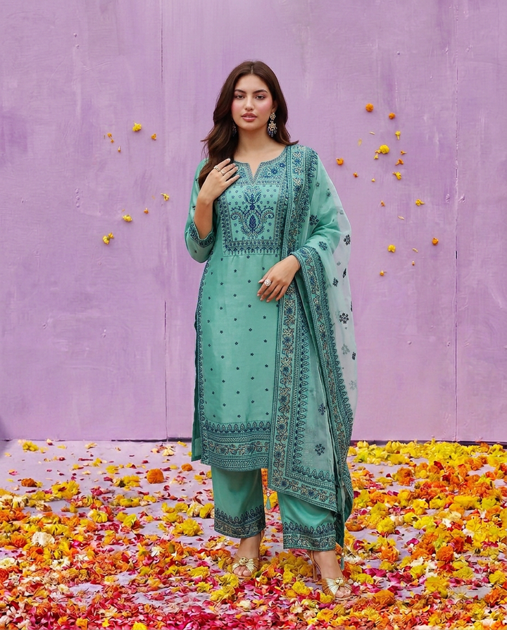 Blue Embroidered Silk Blended Kurta Bottom Dupatta Set
