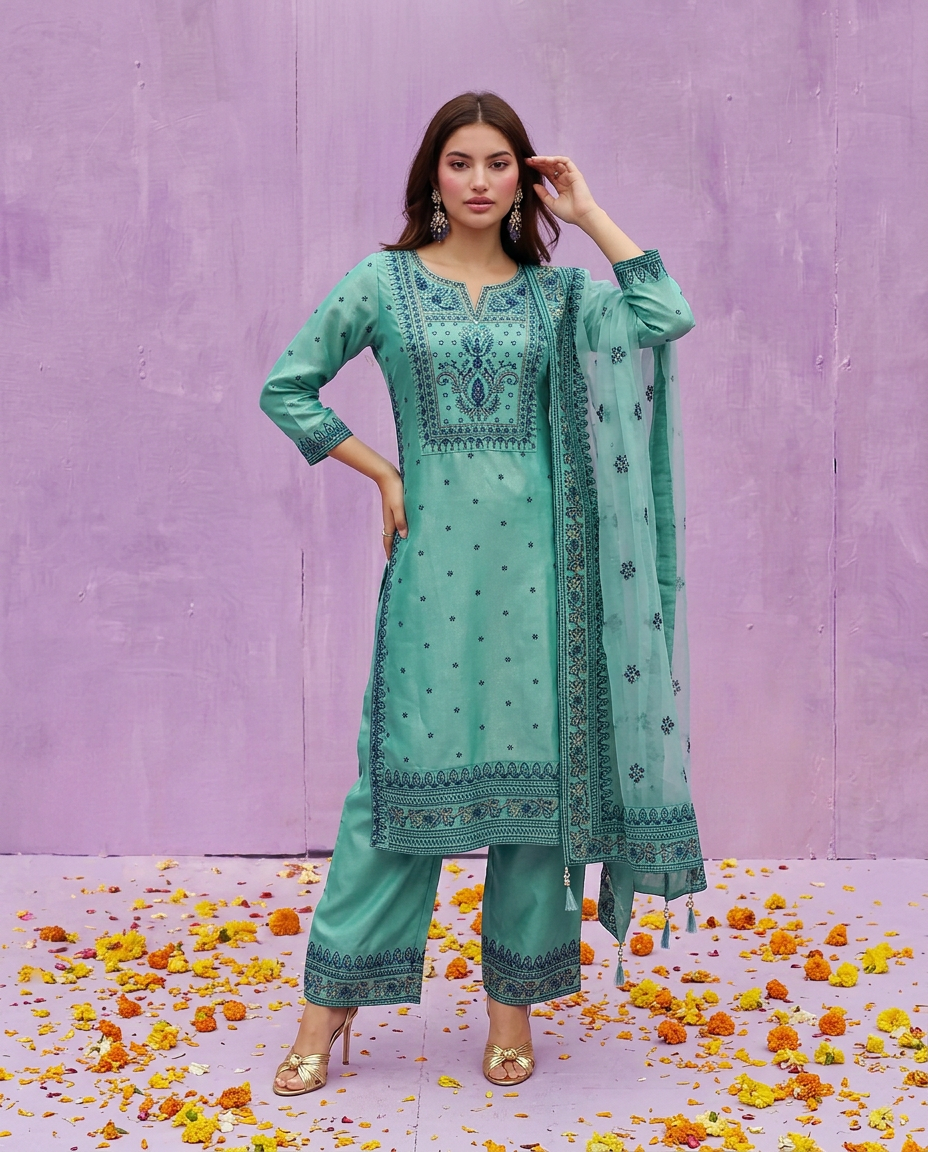 Blue Embroidered Silk Blended Kurta Bottom Dupatta Set