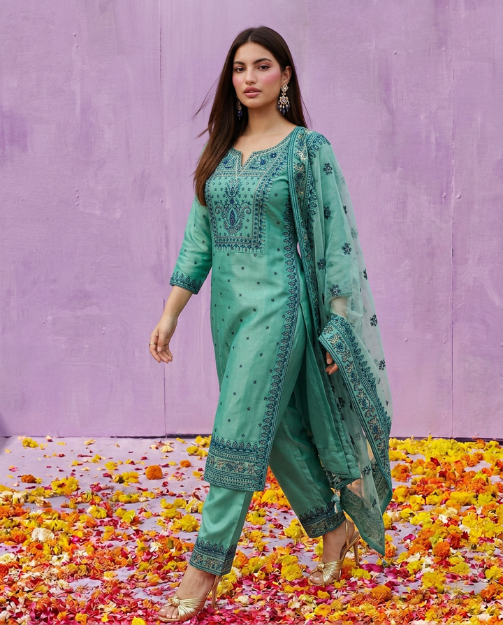 Blue Embroidered Silk Blended Kurta Bottom Dupatta Set