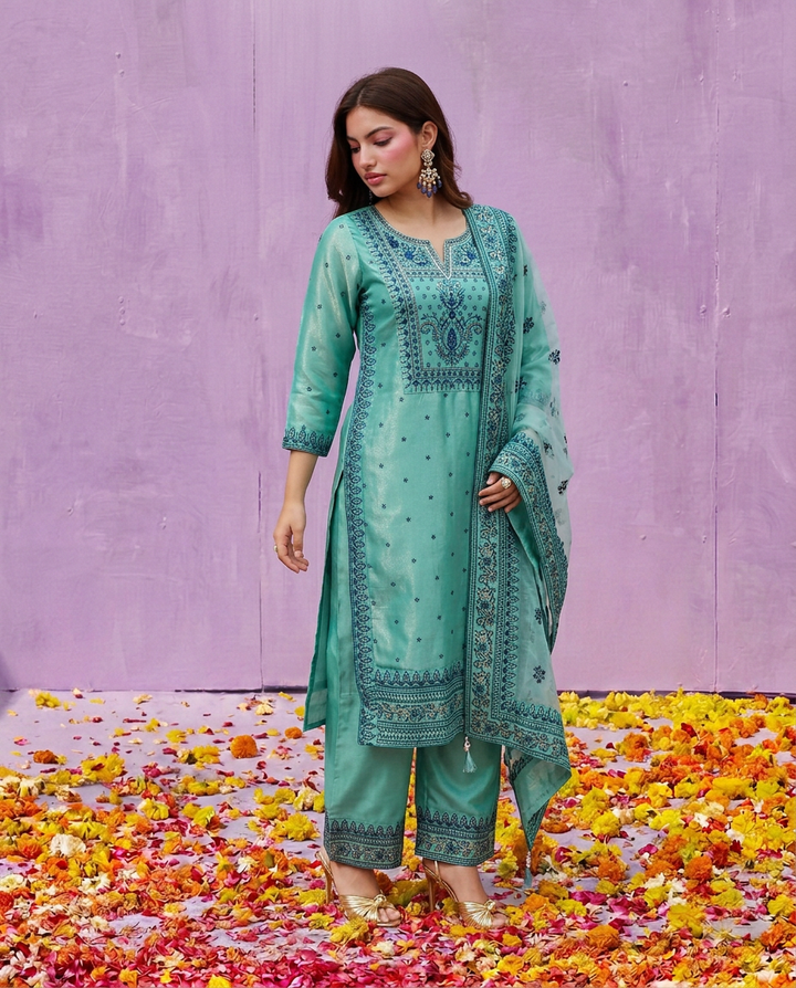 Blue Embroidered Silk Blended Kurta Bottom Dupatta Set