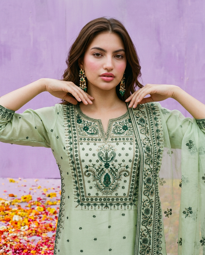 Pista Embroidered Silk Blended Kurta Bottom Dupatta Set