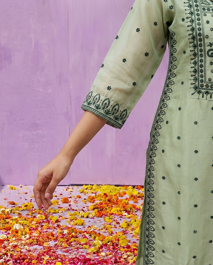 Pista Embroidered Silk Blended Kurta Bottom Dupatta Set