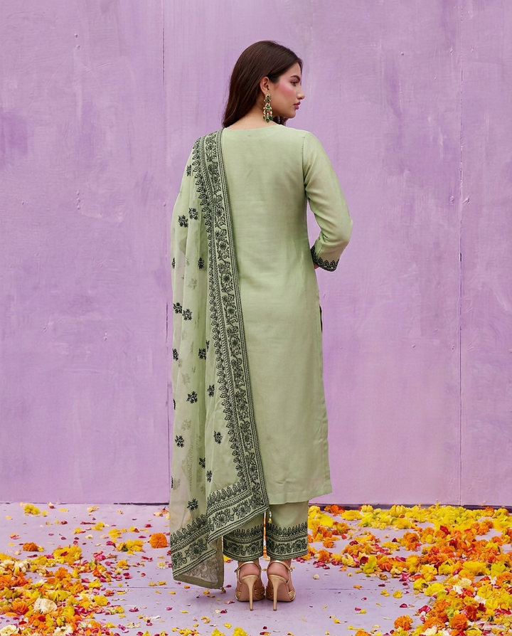 Pista Embroidered Silk Blended Kurta Bottom Dupatta Set