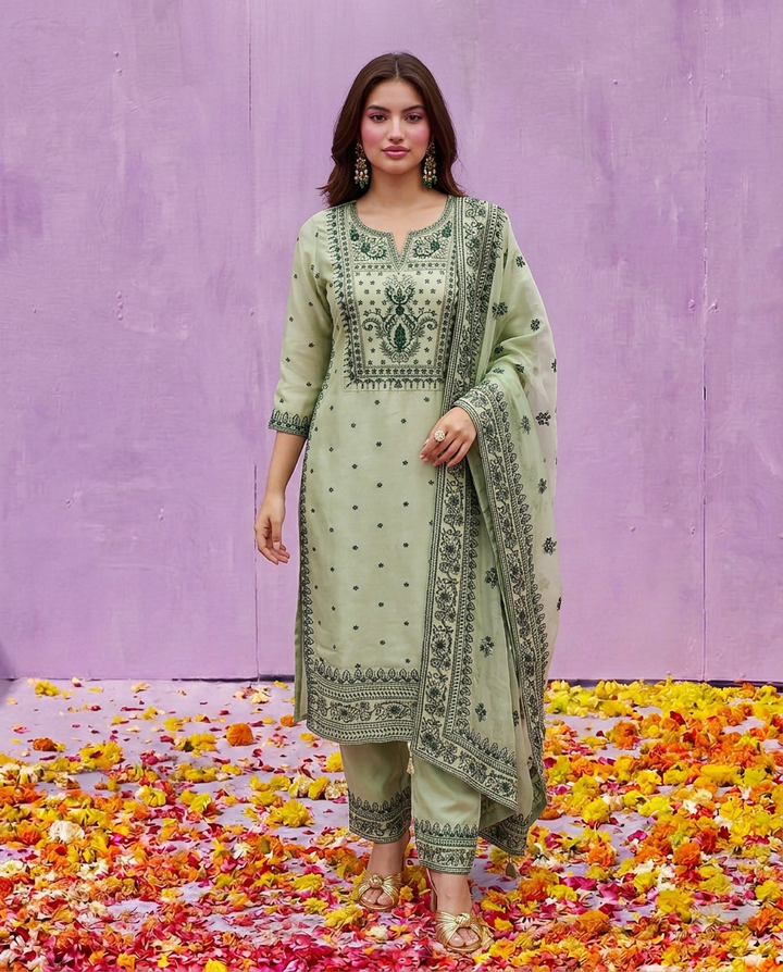 Pista Embroidered Silk Blended Kurta Bottom Dupatta Set