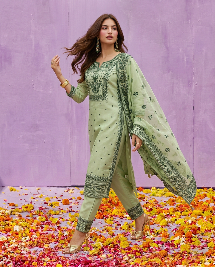 Pista Embroidered Silk Blended Kurta Bottom Dupatta Set
